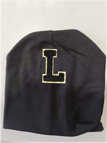 必买！1顶婴儿黑色针织帽，A-Z金色字母标签彰显个性，柔软弹力，多功能头部保护帽。 - 黑色 - 查看 8