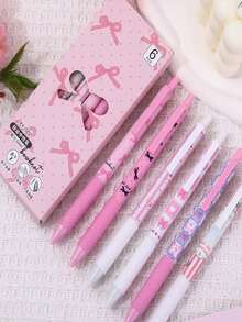 Pink Lace Bow Ballpoint Pen, Black Neutral Pen With Cute Cartoon Print, Girly Stationery - Sets - View 1