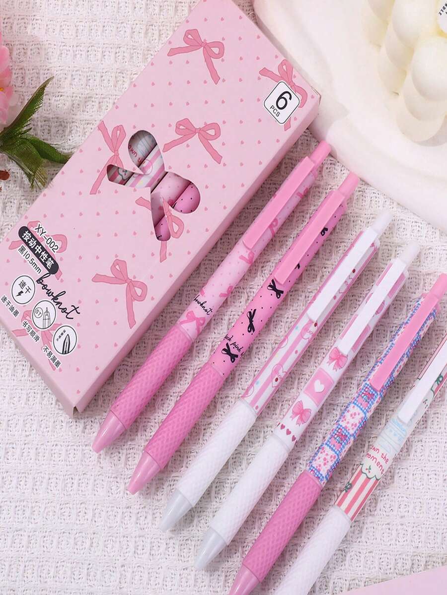 Pink Lace Bow Ballpoint Pen, Black Neutral Pen With Cute Cartoon Print, Girly Stationery - Sets - View 1