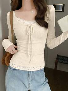 Áo thun dài tay nữ phối ren, kiểu dáng thường ngày, thích hợp mặc nhiều lớp vào mùa xuân. - Màu be - Xem 2