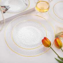 50/25/7/1 Set Transparent Hammered Single Gold Rim Plates, Including 10.25" Large Plate And 7.5" Small Plate, Ideal For Family Gatherings, Birthday Parties, Outdoor Events, Holiday Parties, Weddings, Suitable For Multiple Occasions - Transparent - View 6