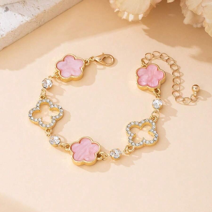 1pc Luxury Elegant Rhinestone Hollow Clover & Flower Charm Bracelet For Women (No Gift Box) - Hồng - Xem 1