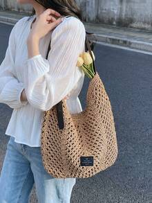 鏤空編織新月包 草編垂墜單肩包 夏季針織網眼大容量水桶包 附可調節式肩帶 - 卡其色 - 查看 6