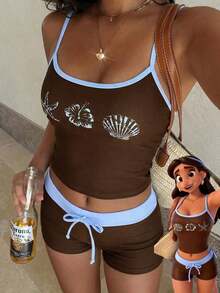 Women's Swimsuit Camisole, Elegant Sexy Ocean Print Lobster Crab Turtle Starfish Hibiscus Triangle Swimwear, Women's Crop Top With Built-In Bra Camisole Set, Suitable For Vacation, Beach, Pool And Sports, Autumn/Winter 2026 Spring/Summer, Music Festival, Basic, Graduation Ceremony, Women's Camisole And Spaghetti Strap Beach Outfit - 棕色 - 查看 2