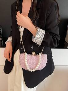 Faux Pearl Handle Evening Bag, Elegant Lace Flower Clutch Bag With Metal Chain Strap, Suitable For Party, Banquet, Women's Gift, Matching Various Dresses - Pink - View 6