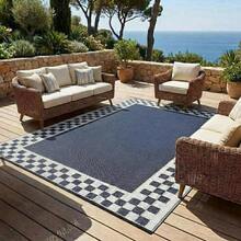 Hodeffior Waterproof Outdoor Plastic Straw Rug 270x550cm Reversible Patio Carpet, Foldable UV Resistant Area Mat, Large Geometric Border Outdoor Rug For Deck, Porch, Camper, Balcony, Beach - Black Blue - View 3