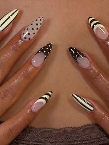 24pcs Press On Nails Long Almond French Nails Y2k Pink Nails Black And White Stripes Reusable Press On Acrylic Nails Fake Nails Supplies Free Of 24 Pieces Of Jelly Tabs And A Mini File - Baby Pink - View 7