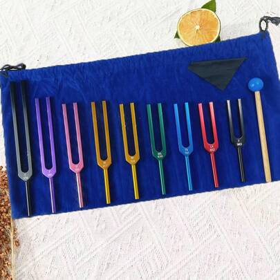 Set de 9 diapasones con estuche - Variedades en dorado, plateado y coloridas - Adecuado para limpieza de oídos, yoga y relajación en meditación - Dispositivo de frecuencia