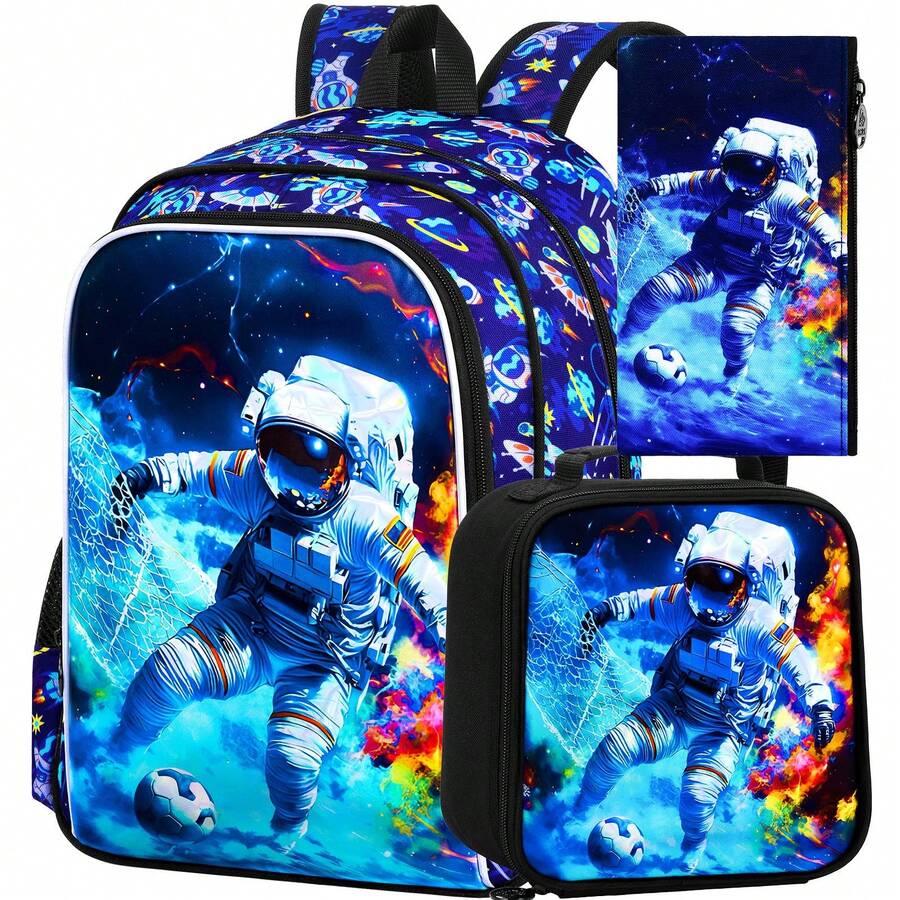 Bộ 3 món cặp sách phi hành gia cho bé trai, bộ cặp sách đi học kèm hộp cơm, ba lô sành điệu cho trẻ tiểu học, mẫu giáo và trẻ nhỏ - Phi hành gia bóng đá - Ba lô 16UV - Xem 1
