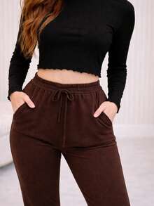Women's High-Waisted Jogger Pants - Warm, Soft, And Comfortable - Rust Brown - View 4