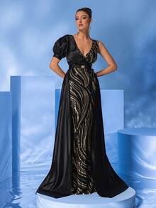 Elegant Black & Gold Sequin Patchwork Asymmetric One-Shoulder Half Sleeve Flowy Belted Fishtail Party Evening Dress - Black - View 3