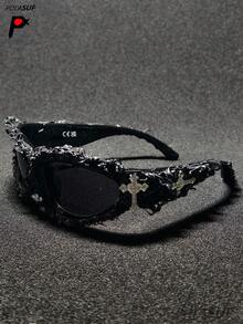 1pc Heart & Cross Rhinestone Embedded Futuristic Punk European And American Party Hip-Hop Fashion Glasses, New Irregular Shape Drip Glue Fashion Glasses, Personalized Street Dark Cyberpunk Fashion Glasses, Large Irregular Frame European And American Dark Street Fashion Personalized Fashion Glasses, UV Protection Holiday Party Drip Glue Goggles, Street Fashion Handmade Drip Glue Spiky Punk Cool Fashion Glasses - Multicolor - View 3