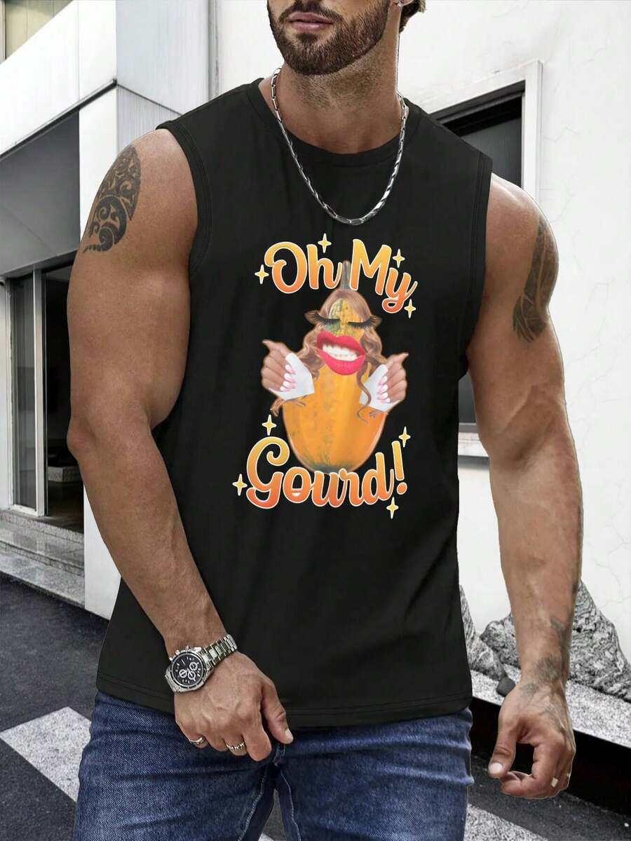 Men's Sleeveless Tank Top With "Oh My Gourd!" Print - Breathable And Stretchy, Suitable For Gym, Running And Casual Wear - All-Season Sports Training Top, Daily Exercise Wear, Athletic Style. - 黑色 - 查看 1