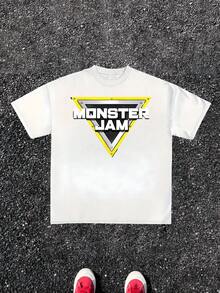 Triangle Warning Sign Graphic Symbolizing Strength And Power With Bold Monster Jam Lettering Giving Energetic Street Vibe 1Pcs Plus Size Men's 100% Cotton Tshirt - trắng - Xem 8