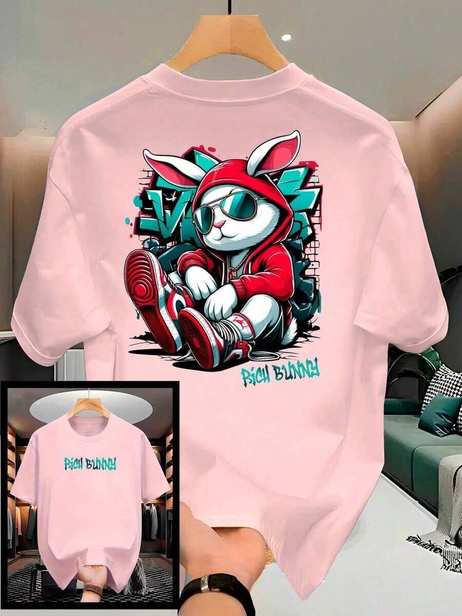Camiseta Streetwear Unissex 100% Algodão Masculina e Feminina Estampada Rich Bunny Confortável - Rosa Bebê - Visão 1