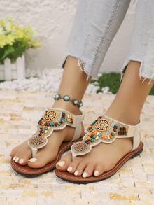 Dép xăng đan đính pha lê phong cách Bohemian, dép xỏ ngón đính hạt, dép lê đế bằng mùa hè dành cho nữ, giày đế bằng kiểu dáng đi nghỉ mát. - Màu be - Xem 5