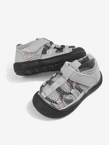 1 Pair Boys' Grey Classic Minimalist Mesh Sandals, Round Toe Soft Bottom Lace-Up Design Children's Sandals, Comfortable Breathable Lightweight Casual Infant Sandals Suitable For Summer Daily, Beach, Outdoor Sports And Campus Wear - Grey - View 3