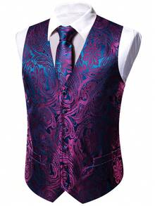 Men's Cashew Jacquard Single-Breasted Suit Vest - Hot Pink - View 2