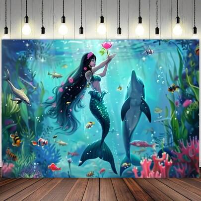 1 tấm tranh treo tường hình nàng tiên cá và cá heo - Chủ đề thế giới dưới nước huyền ảo với rạn san hô, cá, hải quỳ - Thiết kế tóc nàng tiên cá, thích hợp trang trí giường ngủ hoặc tiệc tùng - Tranh treo tường khổ lớn