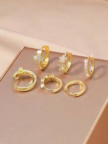 6pcs Set Elegant Luxury Cubic Zirconia Earrings For Women, 18K Gold Plated Copper Cross, Star, Fish Tail, Plain Circle Design, Suitable For Dates, Parties, Gifts - Gold - View 9