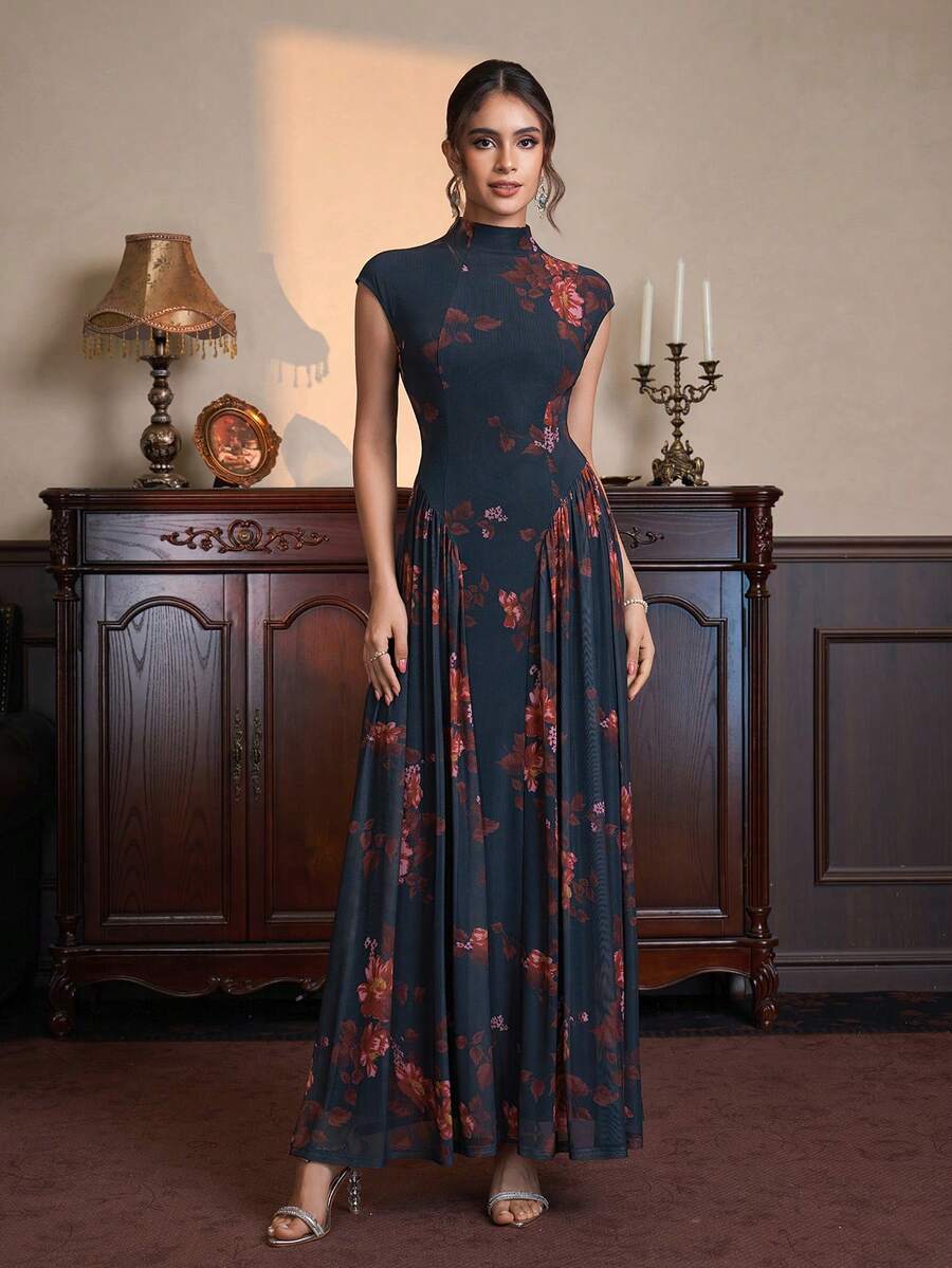 PARTHEA 女士碎花长裙，高领短袖高腰飘逸网纱长裙，适合晚宴、婚礼宾客、度假等场合。 - 紅色和黑色 - 查看 1
