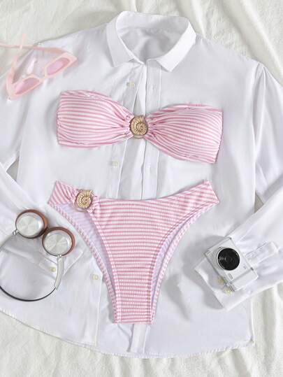 Bikini Fashion Sexy Slim Fit Two Pieces Set With Personalized Stripes, Beautiful Split Swimsuit For Women, Bikini Strapless Swimsuit, European & American Style Sexy Halter Women Bikini Set Swimwear, For Summer Beach Vacation Hot Selling Swimsuits