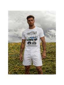 Conjunto para hombre estilo streetwear japonés racing con estampado gráfico de auto Skyline algodón suave ajuste holgado cuello redondo manga corta primavera verano uso casual set de playera y shorts - Blanco 1 - Ver 2