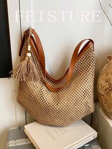 1pc FEISTURE Women's Tassel Woven Beach Bag, Casual Shoulder Bag For Summer Vacation - Khaki - View 10