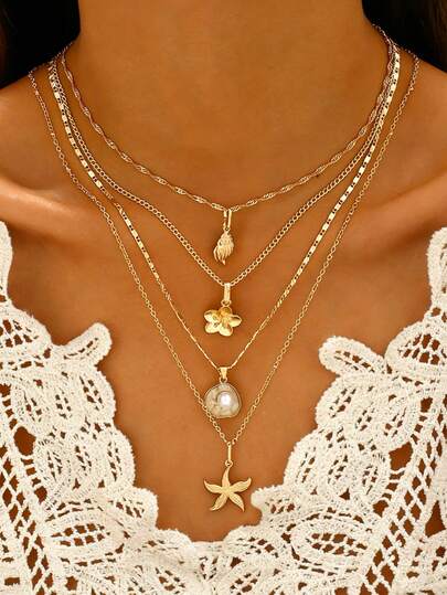4pcs/Set Fashionable Minimalist Elegant Delicate Retro Design Floral, Starfish, Seashell, Faux Pearl, Geometric Pendant Necklace Set, Suitable For Holiday, Party, Daily Wear, Gift