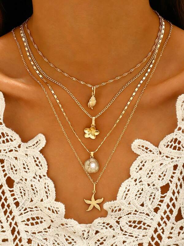 4件套时尚简约优雅精致复古设计，包含花卉、海星、贝壳、仿珍珠、几何吊坠项链，适合节日、派对、日常佩戴，亦可作为礼物。