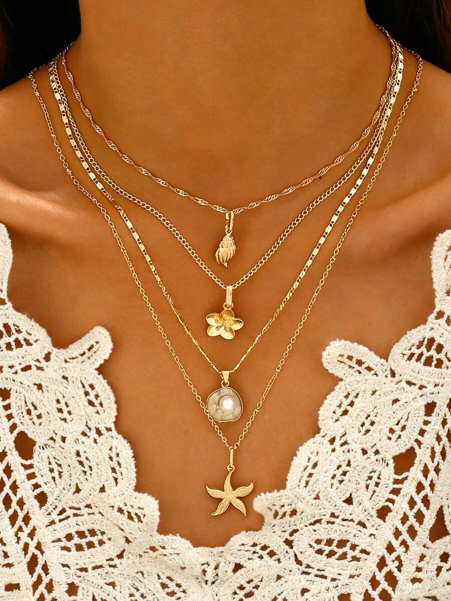 Set de 4 collares colgantes con diseños elegantes y minimalistas de flores, estrellas de mar, conchas, perlas falsas y formas geométricas, adecuados para vacaciones, fiestas, uso diario y como regalo - Amarillo Oro - Ver 1