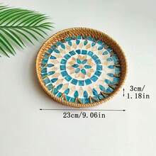 1pc 7.87 Inch Diameter X 1.18 Inch Height Handmade Rattan Round Tray, Colorful Shell Decorated Desktop Storage Tray - View 8