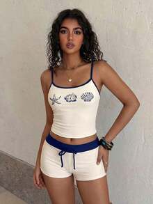 Women's Swimsuit Camisole, Elegant Sexy Ocean Print Lobster Crab Turtle Starfish Hibiscus Triangle Swimwear, Women's Crop Top With Built-In Bra Camisole Set, Suitable For Vacation, Beach, Pool And Sports, Autumn/Winter 2026 Spring/Summer, Music Festival, Basic, Graduation Ceremony, Women's Camisole And Spaghetti Strap Beach Outfit - 米色 - 查看 4