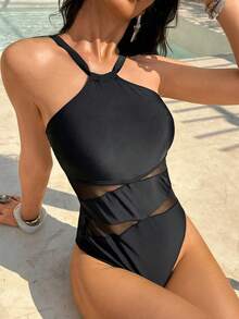 This Elegant Black One-Piece Swimsuit Features A Tie-Back Design And Alluring Mesh Panel Inserts, Making It A Stylish And Comfortable Swimwear Option. Vacation Beach Summer - Black - View 6
