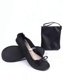 黑色亮片芭蕾平底鞋,轻盈如赤足感舞蹈鞋,蝴蝶结装饰可折叠易穿脱女士舞蹈鞋,柔软舒适女士婚礼派对时尚休闲平底鞋 - 黑色 - 查看 3