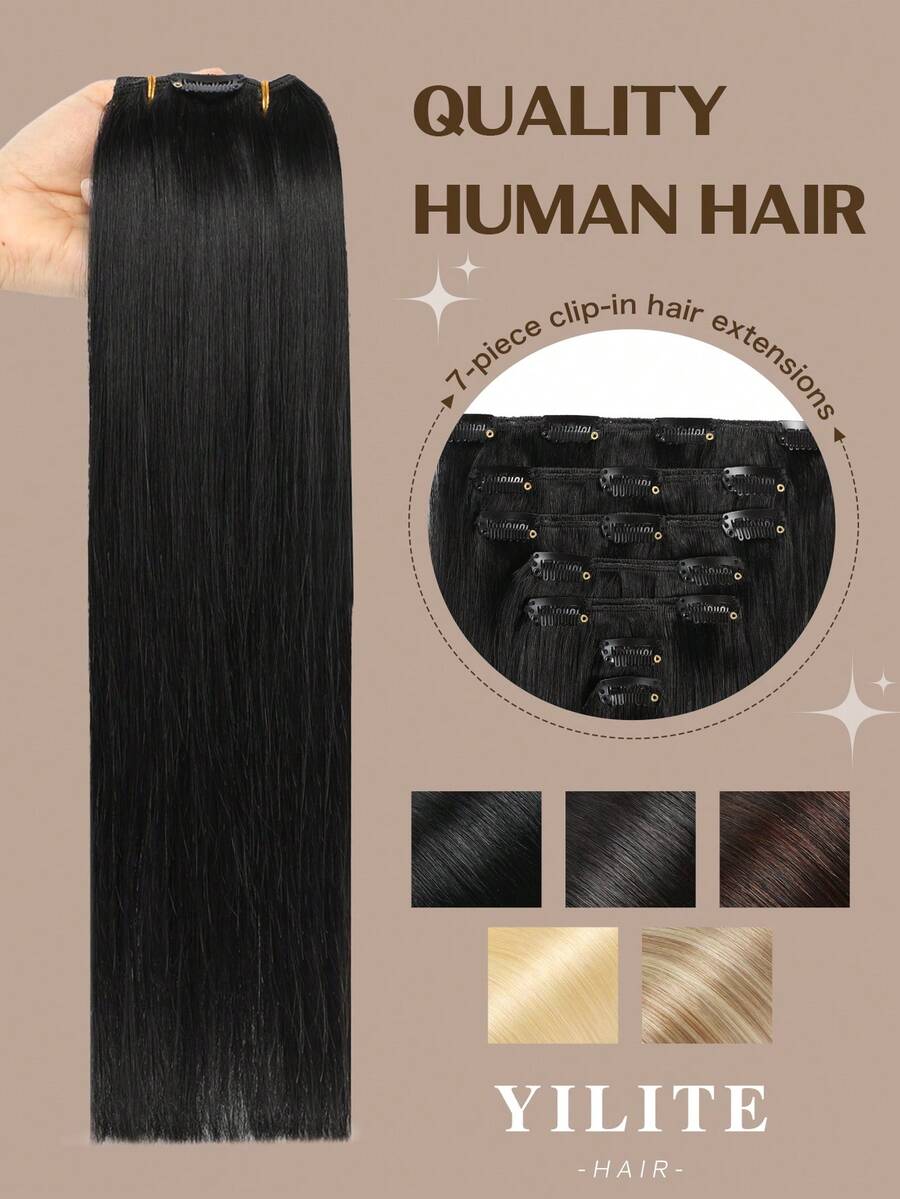 YILITE 7pcs #1 Jet Black Clip In Hair Extensions Real Human Hair Remy Human Hair Extensions Double Weft Straight Clip Ins For Women - S1 - View 1