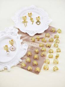 35件套优雅镂空心形蝴蝶结发圈，饰以玫瑰、雏菊和人造珍珠 - 可调节合金发箍，公主风发饰，适合女孩辫子和脏辫 - 金色 - 查看 3