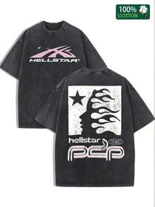 Camiseta lavada "Hell Star" para hombre - Estampado de estrella de llama de estilo callejero extra grande - Gris - Ver 11