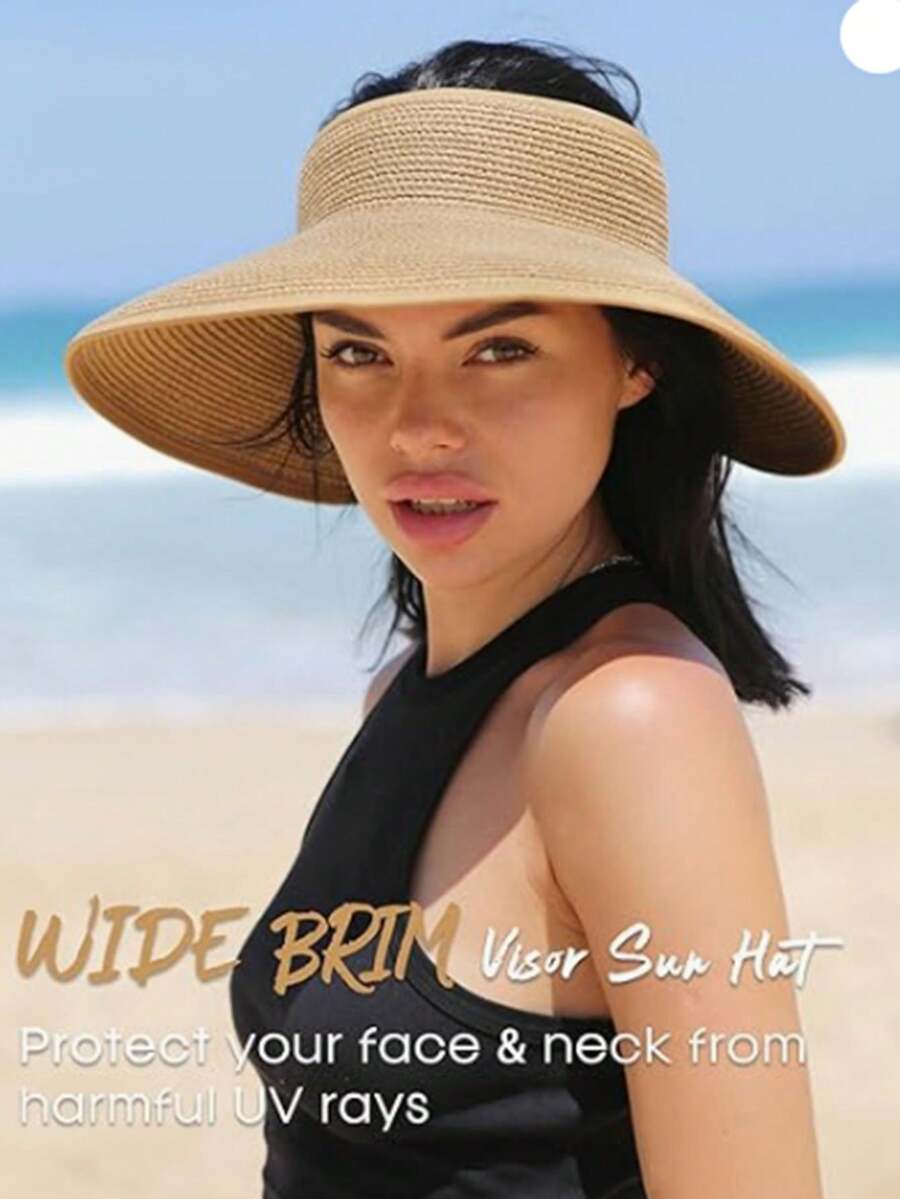 1pc Women's Wide Brim Sun Hat - Ponytail Beach Hat - Suitable For Summer UV Protection - Foldable - Essential For Beach Vacation - A - View 1