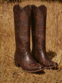 Western Boots For Women Floral Embroidered Pull On Boots Pointed Toe Chunky Heel Long Boots Classic Cowboy Cowgirl Boots Knee High Western Boots For Dressy Party Walking Shoes - màu nâu cổ điển - Xem 8