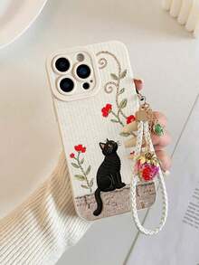 Cute Cat Painted Perforated Beige Painted With Strawberry Rope Simple Fashion Creative Anti-Drop Phone Case Compatible With IPhone, - Multicolor 3 - View 2