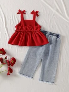 Baby Girls' Red Camisole Top And Blue Cherry Embroidered Denim Jeans Set, Cute Casual Outfit For Spring/Summer - Red - View 2