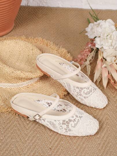 2026 New Vacation Style Lace Mesh Breathable Backless Comfortable Fashion Casual Versatile, Hollow Buckle Mary Jane Open Toe Design, Square Toe Women Flat Ballet Shoes, Holiday Gift
