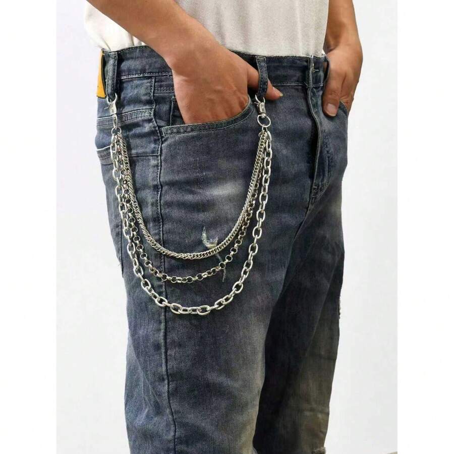 1条街头风多层金属裤链，银色三合一链条设计，工装裤和牛仔裤配饰，朋克嘻哈时尚腰链 - 銀色 - 查看 1