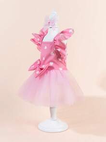 1件可爱宠物薄纱连衣裙，带蝴蝶结，创意印花设计，时尚迷人，适合狗狗和猫咪 - 彩色 - 查看 4