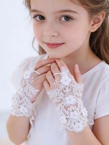 White & Black Lace Flower Sequin Short Gloves With Finger Tip Exposed Design, Ribbon & Hollow-Out Design, Wedding Party Dress Accessory - Multicolor - View 4