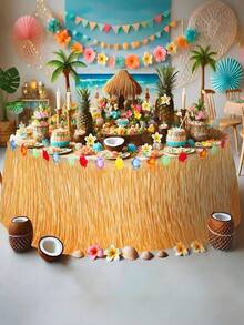 2pcs Hawaiian Grass Table Skirt, Natural Hibiscus Tropical Hawaiian Party Decor, Suitable For Indoor And Outdoor Party Decoration, Wedding Decoration, Summer Party Supplies, Straw Yellow - Yellow - View 8