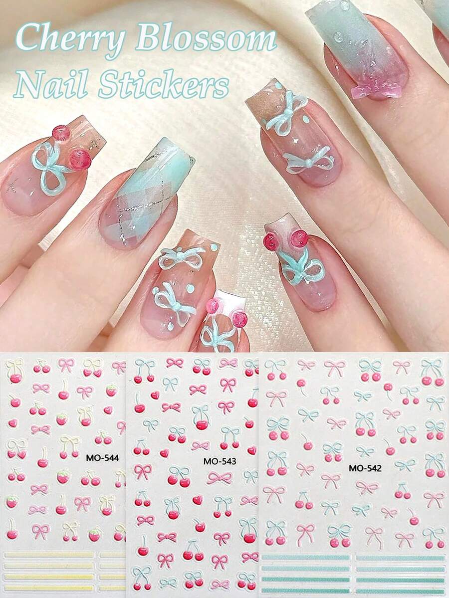 3/2Pcs 3D Cherry Bow Nail Stickers, Summer Fresh Mint Cherry Bow French Nail Art Design, Y2K Cute And Sweet Nail Decoration Self-Adhesive Paper, DIY Nail Salon Nail Supplies - Multicolor - View 1
