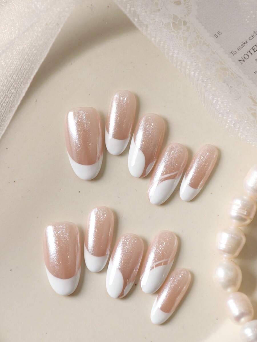 10pcs White Pearl French Manicure Nail Stickers, Office & Daily Wear Fake Nails Set, Includes 1 Sheet Of Nail Stickers And 1 Mini Nail File - Multicolor - View 1