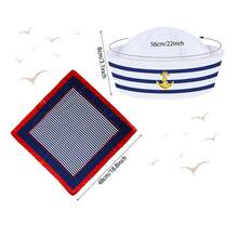 海军帽套装，包括白色帽子、复古平顶军帽、海军上尉帽、蓝白条纹上尉帽，适合角色扮演、派对、万圣节、情人节等场合，也可日常佩戴，搭配海滩度假、海滩场景。 - 彩色 - 查看 6